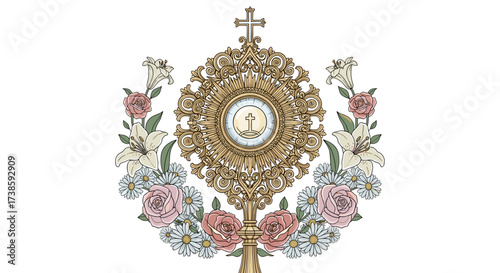 Sacred Relic Adorned: A detailed illustration of a religious monstrance, an ornate vessel holding the consecrated host, surrounded by a wreath of delicate flowers, symbolizing reverence and faith. 
