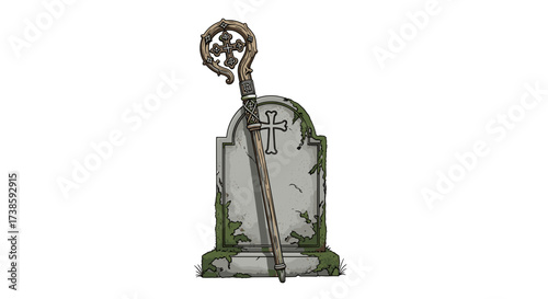 Symbolic Remembrance: An evocative image of a weathered tombstone, adorned with a cross, and a traditional ceremonial staff representing faith and legacy.