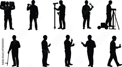 Construction worker silhouettes with blueprints, surveying, drilling, measuring, teamwork, inspection, heavy labor, engineering, planning, industrial job, repair, silhouettes, industry