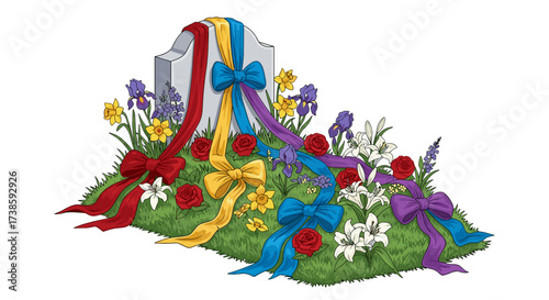 Memorial: A memorial stone adorned with colorful ribbons and surrounded by vibrant flowers in a gesture of remembrance, expressing heartfelt respect and profound sorrow.