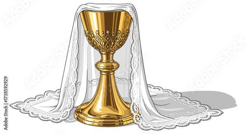 Sacred Chalice: A meticulously crafted gold chalice, symbolic of faith and spirituality, rests beneath an elegant, draped veil, evoking a sense of reverence and mystery.