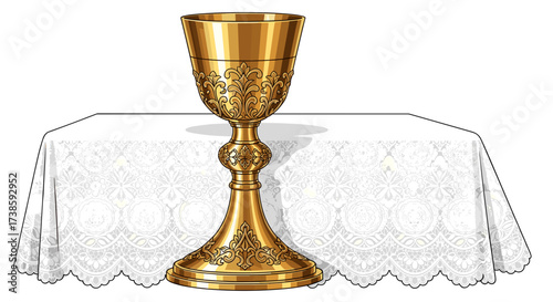 Golden Chalice on Display: A meticulously crafted golden chalice, adorned with intricate details, rests upon a pristine tablecloth. The image exudes a sense of reverence and timeless elegance.