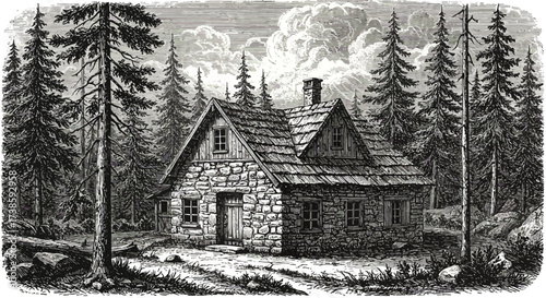 Rustic stone cottage in serene forest with dramatic sky in vintage style