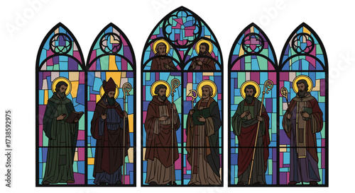 Stained Glass Saints: A vivid display of stained glass art, depicting several figures in a spectrum of colors and geometric precision. The intricate composition evokes feelings of reverence.