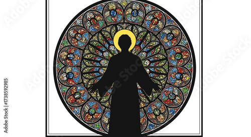 Mystical Reflection: A silhouette of a figure stands before an exquisite stained-glass window, creating a scene of spiritual contemplation and historical beauty. 