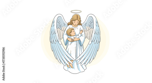 Celestial Embrace: A serene angel tenderly cradles a child, radiating warmth and protection. The image captures a moment of divine love and guardianship.