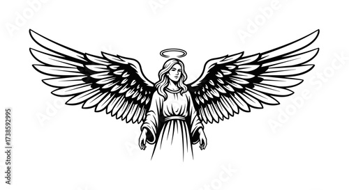 Divine Protector: A serene angel stands gracefully, her presence exuding peace and strength, with majestic wings spread wide and a halo above her head.
