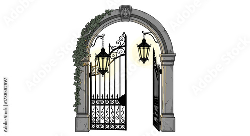 Enchanting Entrance: A wrought iron gate, adorned with climbing foliage and illuminated by ornate lanterns, stands as a welcoming portal to a serene garden or estate.