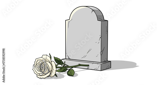 Silent Tribute: A poignant illustration of a blank tombstone, symbolizing remembrance, with a solitary white rose conveying respect and sorrow, creating a visual narrative of loss and memory.