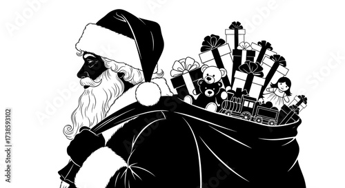 Santa's Festive Burden: A silhouetted Santa Claus, shouldering a colossal sack brimming with a bounty of presents, embodies the spirit of gift-giving and the magic of the festive season.