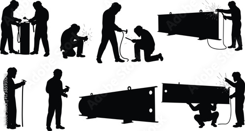 Industrial worker silhouettes welding, grinding, hammering, metal fabrication, construction site, sparks, teamwork, inspection, heavy labor, engineering, repair, fabrication, silhouettes