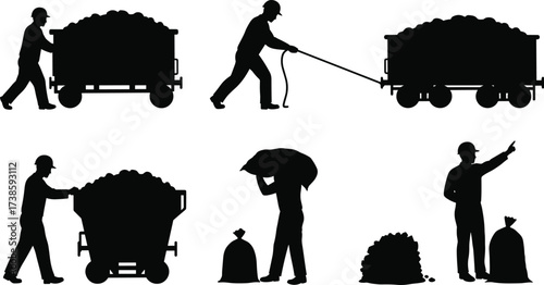 Industrial worker silhouettes pushing carts, pulling carts, carrying sacks, mining labor, coal transportation, heavy manual work, construction industry, logistics, silhouettes, effort