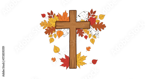 Sacred Autumn: A wooden cross is adorned with autumn leaves, symbolizing faith and the season's splendor.