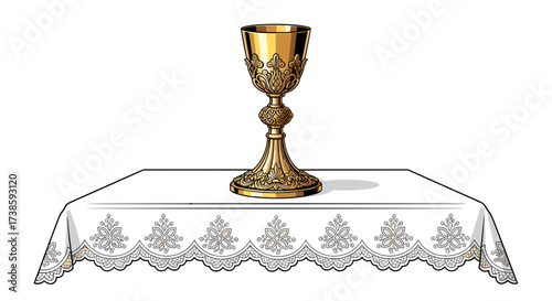 Golden Chalice: A radiant gold chalice, intricately designed, rests atop a pristine white tablecloth, creating a scene of elegance and spiritual significance. 