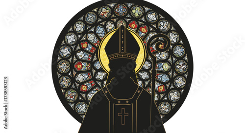 Mystical Bishop Silhouette: A striking silhouette of a bishop stands before a beautiful stained-glass window, evoking a sense of mystery and reverence.