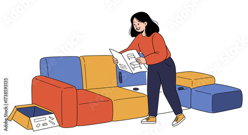 Woman assembling modular couch with instructions in modern home setting