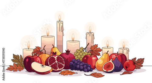 Thanksgiving still life: A cozy fall scene featuring a collection of vibrant autumn fruits, candle, and autumn leaves to celebrate a bountiful harvest season. 