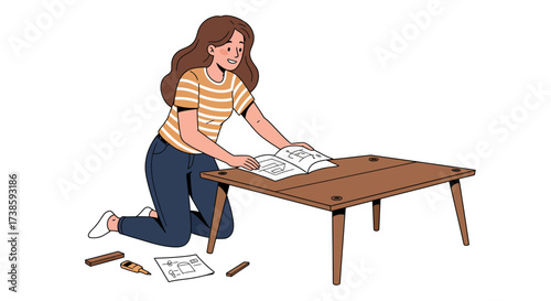 Woman assembling furniture with instruction manual on white background