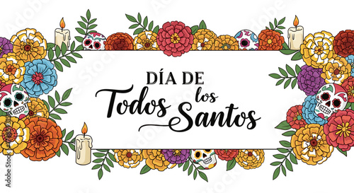 Day of the Dead Celebration: A vibrant and colorful floral arrangement frames a celebratory banner, inviting reflection and remembrance of those who have passed.