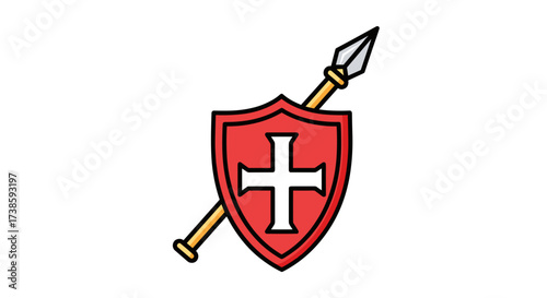 Guardian's Crest: A bold emblem of protection and valor, featuring a red shield emblazoned with a white cross, crossed by a sturdy spear, symbolizing strength and defense.