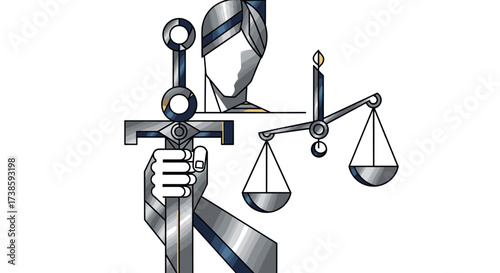 Justice Symbol: A striking representation of justice, the scales of balance are juxtaposed with a resolute sword held by a symbolic figure, embodying fairness, impartiality, and the pursuit of truth.