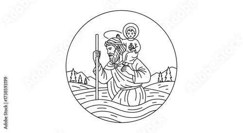 Saint Christopher Icon: A detailed line art illustration depicts Saint Christopher carrying the Christ Child across the water, encircled within a frame.