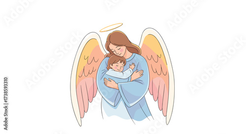Illustration of maternal embrace: An angelic mother tenderly cradles her child within the embrace of her wings, the gentle glow of a halo encircling them, evoking a sense of comfort, protection.