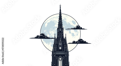 Celestial Gothic Spire: An artistic depiction of a gothic spire reaching towards a celestial moon and clouds, evoking a sense of mystery and architectural grandeur.