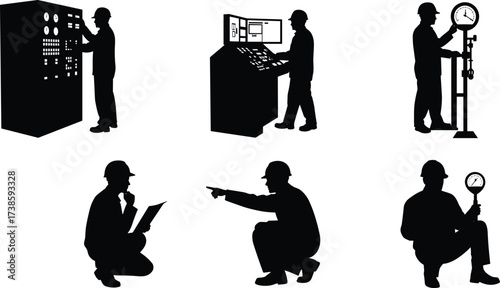 Industrial workers silhouette operating control panels, measuring instruments, reading documents