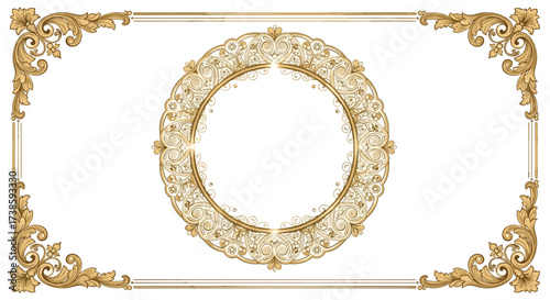 Golden Ornament Frame: A detailed shot of golden ornamental frame for decoration with classic design and intricate detailing, perfect for adding elegance and luxury.