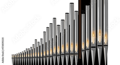 Pipe Organ's Melody: A striking image showcases a close-up view of gleaming metallic pipes of pipe organ, with varying heights and forms a mesmerizing pattern.