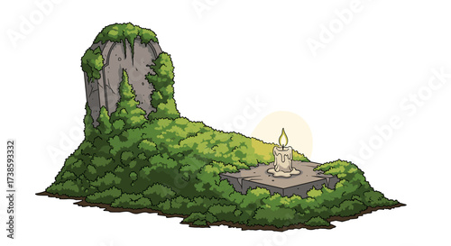 Eternal Flame on Stone: A solitary candle burns brightly atop a moss-covered stone platform, evoking a sense of enduring light and serenity amidst a landscape of green vegetation.