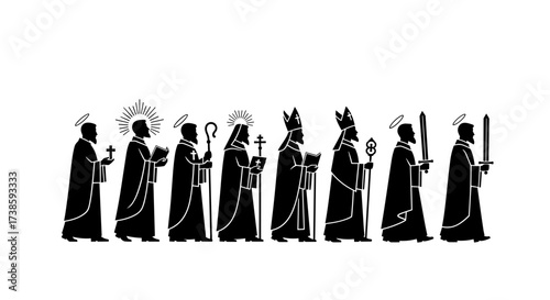 Symbolic Procession: A line of religious figures, each embodying a different facet of faith and spirituality, their silhouettes create a powerful image of devotion.