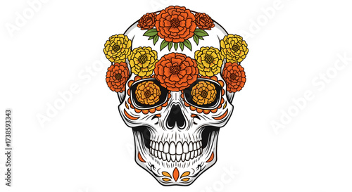 Day of the Dead Skull with Floral Crown: A beautifully designed sugar skull adorned with vibrant marigold flowers, a traditional symbol of the Day of the Dead, celebrates life and remembrance.