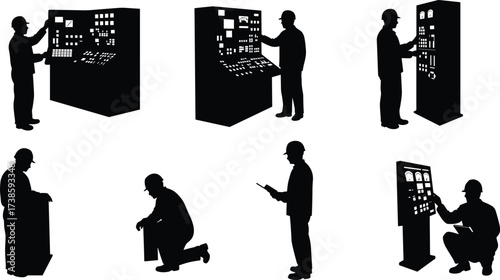 Industrial worker silhouette operating control panels, factory engineer technician checking equipment, power plant operator monitoring system, industry maintenance technology illustration
