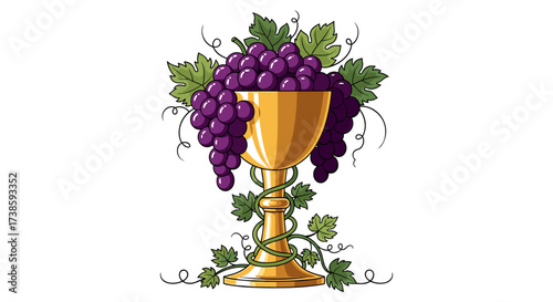 Gold Chalice of Wine: A gilded chalice, overflowing with succulent grapes, is surrounded by lush green leaves and vines, symbolizing abundance and celebration.