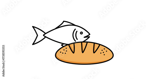 Fish and Loaf: Illustration of a fish gracefully placed above a crusty loaf of bread, this image evokes a sense of natural elements with simple graphic representation.