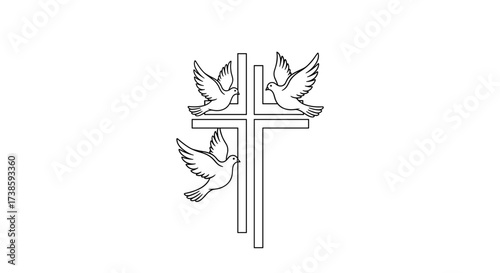 Serene Faith Symbolism: An elegant portrayal of a cross embraced by three graceful doves, symbolizing hope, peace, and spiritual devotion.