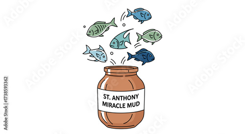 Miracle Mud jar and Fish: The surreal illustration depicts a jar labeled Miracle Mud spewing several fish. It's a thought-provoking and whimsical scene with elements of surprise and magic. 