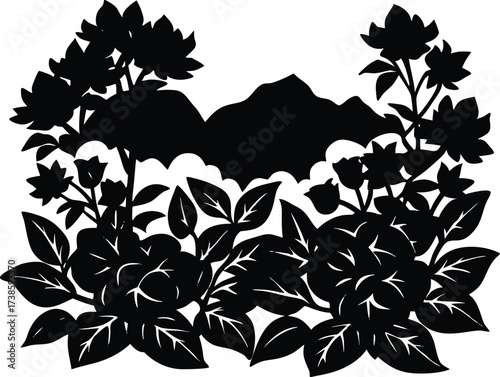 Gardenia Bushes In Valley Silhouette | Fragrant Flower Vector Design