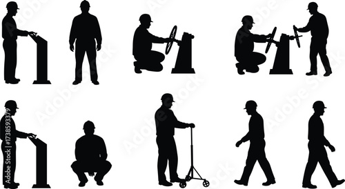 Silhouette of industrial workers, factory operators, engineers, mechanics, construction laborers, working, walking, standing, operating machinery, professional job, safety helmet