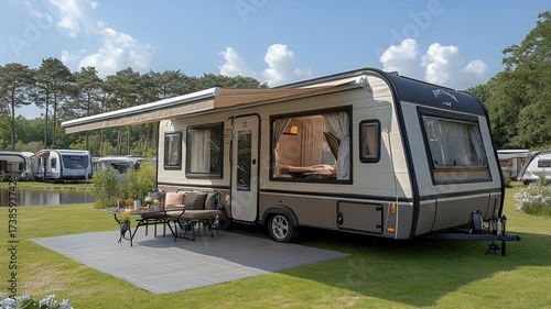 Wallpaper Mural Luxury Caravan Camping: Serene Lakeside Getaway, Outdoor Relaxation, Travel Lifestyle. Torontodigital.ca