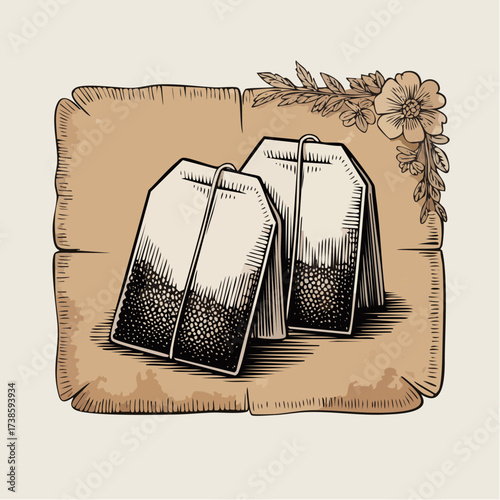 victorian-etching two teabags on aged parchment editorial-ready engraving vector for stationery and labels