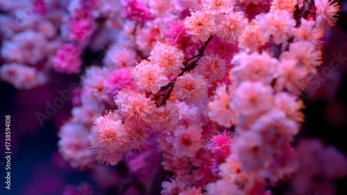 Close-up of cherry blossoms with pale pink petals and vibrant pink accents, dark background