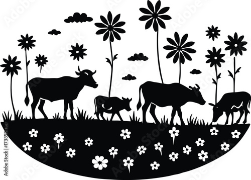 Pasture Flowers With Grazing Animals Silhouette | Countryside Nature Vector Design