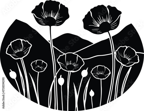 Poppies In Valley With Grazing Hills Silhouette | Scenic Nature Vector Art