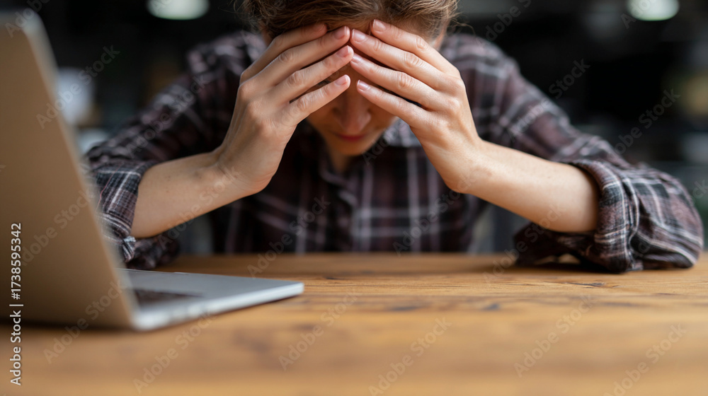 Obraz premium Stressed, overworked person with headache at laptop