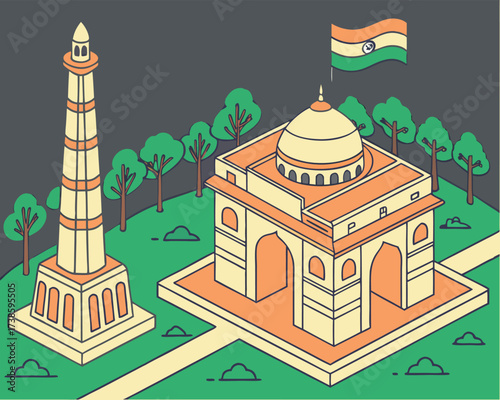 India Gate and Qutub Minar Isometric Illustration Representing Indian Culture and Heritage Tourism Landmarks