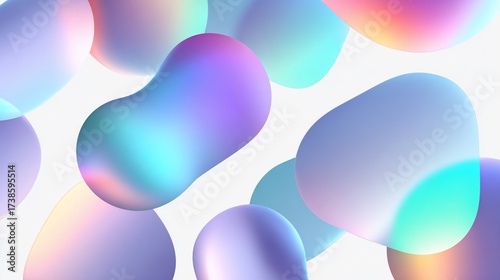 Abstract illustration of floating, iridescent, blob-like shapes with gradients