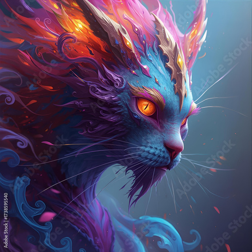 Fantasy cat artwork vibrant colors digital art feline illustration